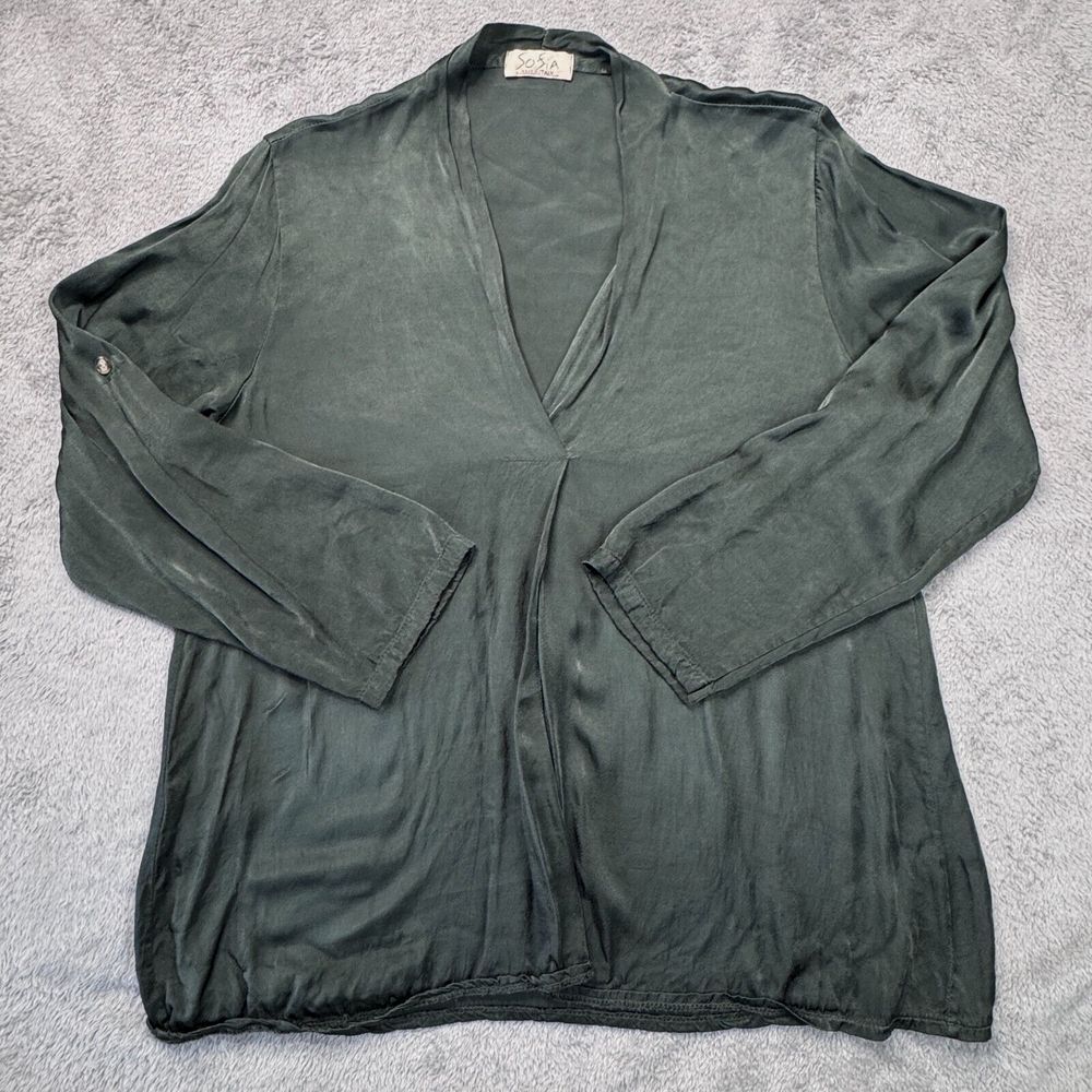 Sofia Blouse Women's Size XL‎ Green 100% Viscosa Made In Italy Roll Tab Sleeve